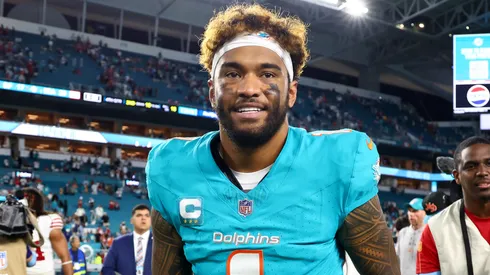 Tua Tagovailoa #1 of the Miami Dolphins looks on after the 29-17 win against the San Francisco 49ers at Hard Rock Stadium on December 22, 2024 in Miami Gardens, Florida.