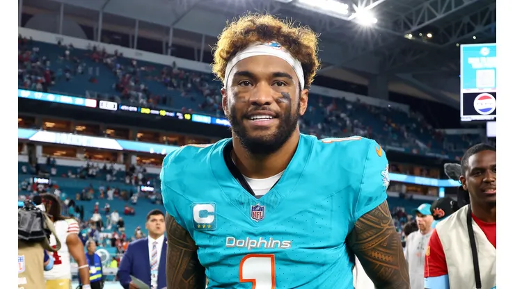 Tua Tagovailoa #1 of the Miami Dolphins looks on after the 29-17 win against the San Francisco 49ers at Hard Rock Stadium on December 22, 2024 in Miami Gardens, Florida.