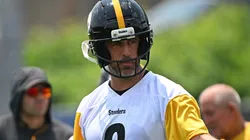 Aaron Rodgers #8 of the Pittsburgh Steelers in action during Minicamp at UPMC Rooney Sports Complex on June 12, 2025 in Pittsburgh, Pennsylvania.