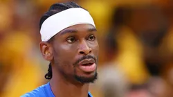 Shai Gilgeous-Alexander #2 of the Oklahoma City Thunder warms up prior to Game Six of the 2025 NBA Finals against the Indiana Pacers at Gainbridge Fieldhouse.