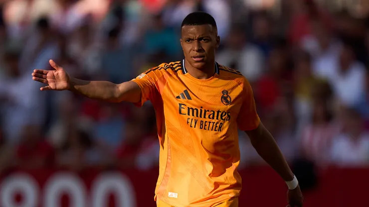 Kylian Mbappe of Real Madrid gestures during the LaLiga match between Sevilla FC and Real Madrid CF at Estadio Ramon Sanchez Pizjuan on May 18, 2025 in Seville, Spain.
