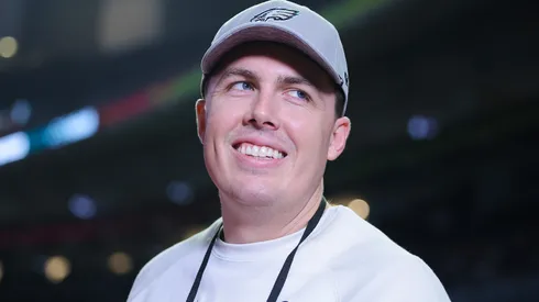 Kellen Moore, offensive coordinator for the Philadelphia Eagles, looks on during Super Bowl LIX Opening Night at Caesars Superdome on February 03, 2025 in New Orleans, Louisiana.