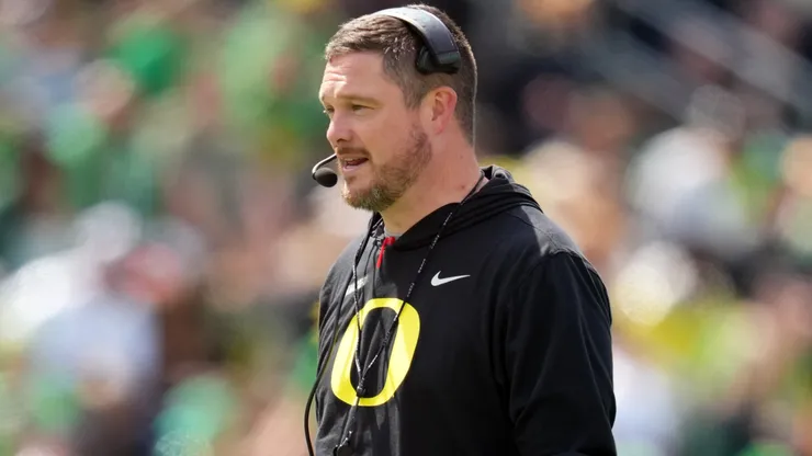 Head coach Dan Lanning of the Oregon Ducks looks on during the Oregon spring game at Autzen Stadium on April 26, 2025 in Eugene, Oregon.