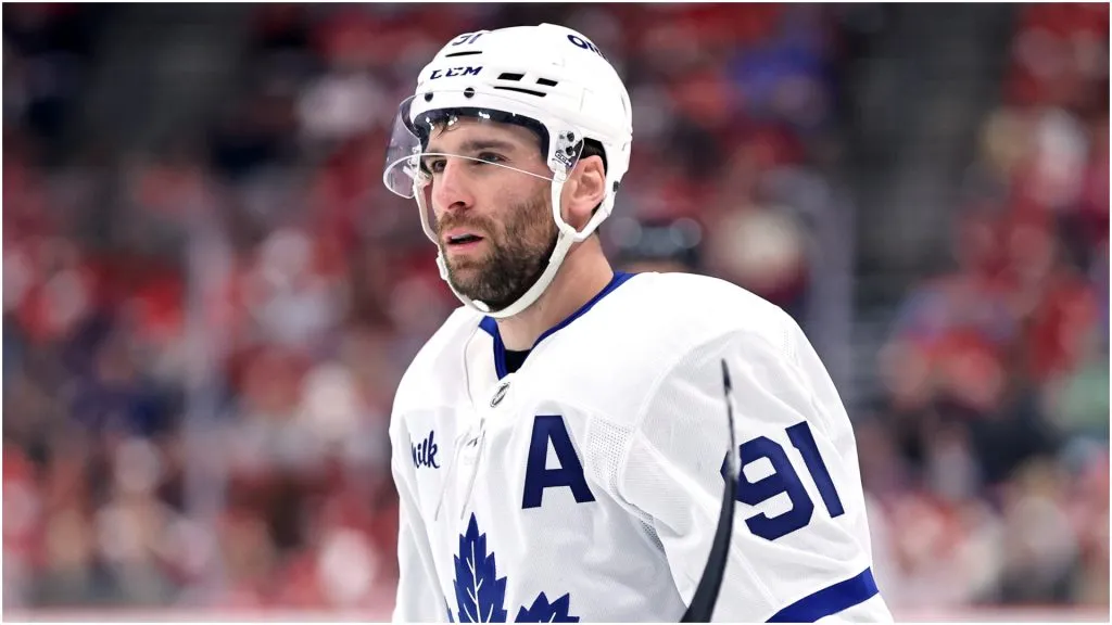 John Tavares #91 of the Toronto Maple Leafs looks on against the Florida Panthers during the first period in Game Three of the Second Round of the 2025 Stanley Cup Playoffs at Amerant Bank Arena on May 09, 2025 in Sunrise, Florida.