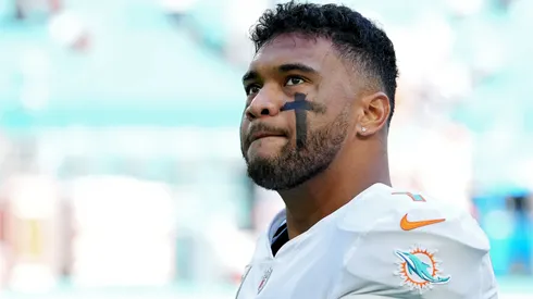 Tua Tagovailoa #1 of the Miami Dolphins looks on prior to the game against the Cleveland Browns at Hard Rock Stadium on November 13, 2022 in Miami Gardens, Florida.