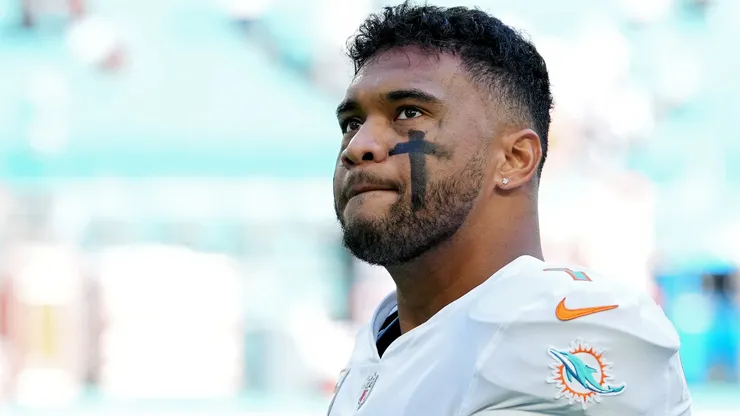 Tua Tagovailoa #1 of the Miami Dolphins looks on prior to the game against the Cleveland Browns at Hard Rock Stadium on November 13, 2022 in Miami Gardens, Florida.