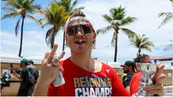 Matthew Tkachuk #19 of the Florida Panthers celebrates on the street during the Florida Panthers 2025 Stanley Cup Victory Parade and Rally on June 22, 2025 on Fort Lauderdale Beach, Florida.