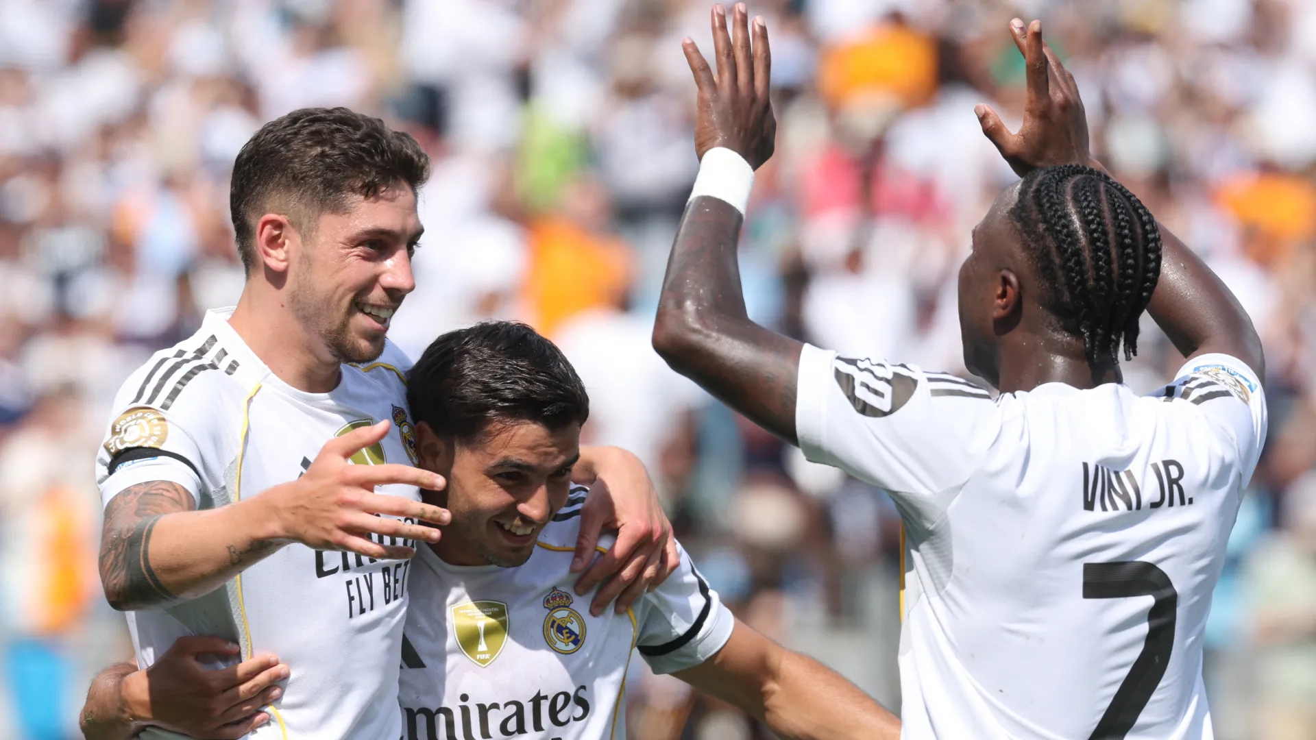 Federico Valverde #8 of Real Madrid C. F. celebrates scoring his team’s third goal with Brahim Diaz #21 and Vinicius Junior #7 of Real Madrid C. F. during the FIFA Club World Cup 2025.