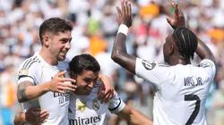 Federico Valverde #8 of Real Madrid C. F. celebrates scoring his team's third goal with Brahim Diaz #21 and Vinicius Junior #7 of Real Madrid C. F. during the FIFA Club World Cup 2025.