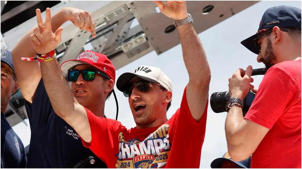 Brad Marchand #63 of the Florida Panthers celebrates with fire fighters during the Florida Panthers 2025 Stanley Cup Victory Parade and Rally on June 22, 2025 on Fort Lauderdale Beach, Florida.