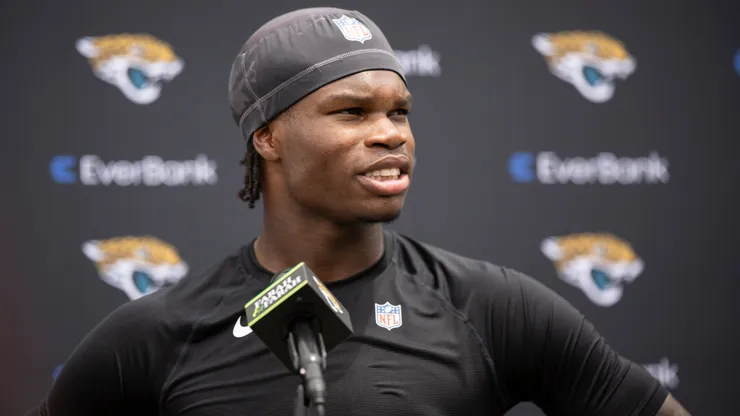 Travis Hunter speaks to the Media during Rookie Minicamp on May 10, 2025 in Jacksonville.