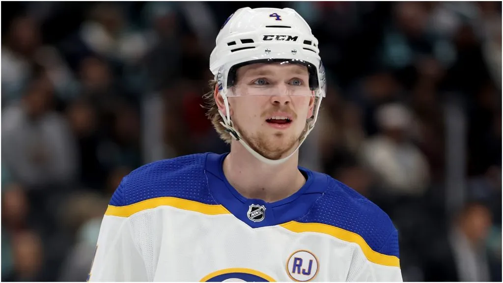 Bowen Byram #4 of the Buffalo Sabres skates during the first period against the Seattle Kraken at Climate Pledge Arena on March 18, 2024 in Seattle, Washington.