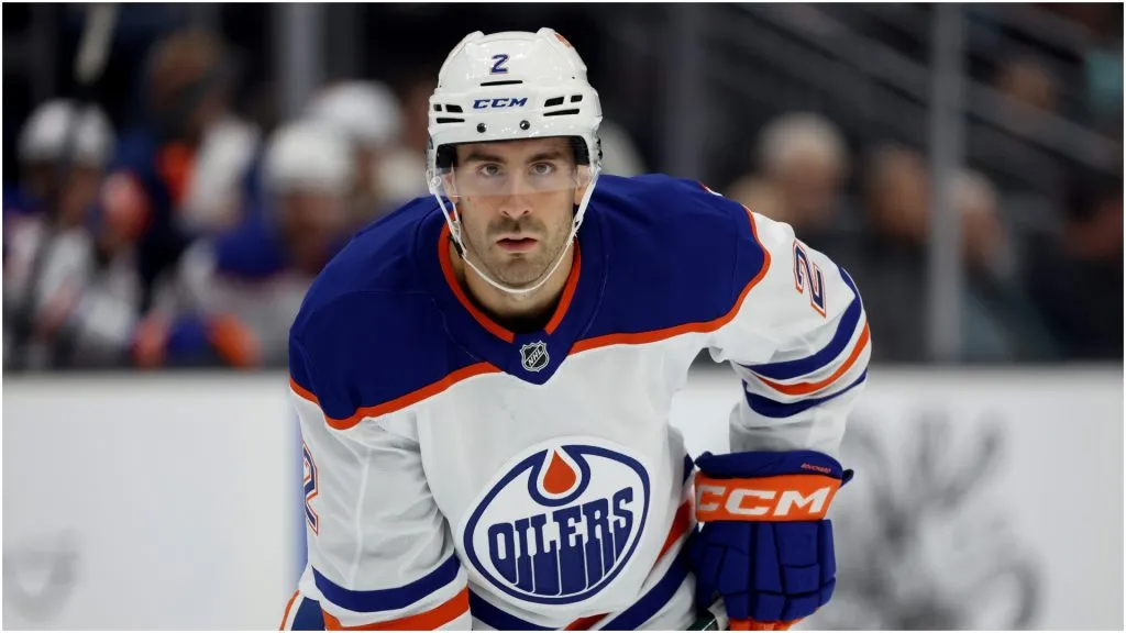 Evan Bouchard #2 of the Edmonton Oilers looks on against the Seattle Kraken during the first period at Climate Pledge Arena on October 02, 2024 in Seattle, Washington.