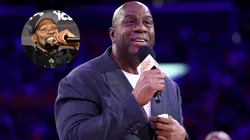 Kevin Durant and Magic Johnson speaks to the fans during the jersey retirement of Michael Cooper during halftime of the game between the Los Angeles Lakers and the San Antonio Spurs