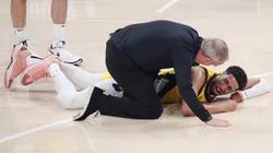 Tyrese Haliburton #0 of the Indiana Pacers sustains an injury during the first quarter against the Oklahoma City Thunder in Game Seven of the 2025 NBA Finals.