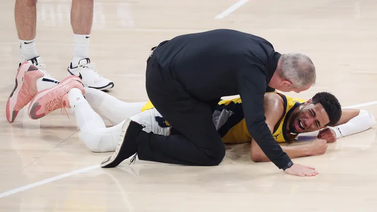 Tyrese Haliburton #0 of the Indiana Pacers sustains an injury during the first quarter against the Oklahoma City Thunder in Game Seven of the 2025 NBA Finals.