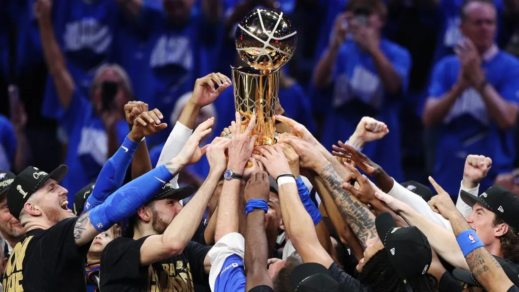 The Oklahoma City Thunder celebrate after defeating the Indiana Pacers 103-91 in Game Seven of the 2025 NBA Finals at Paycom Center. (Justin Ford/Getty Images)