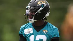 Travis Hunter #12 of the Jacksonville Jaguars runs looks on during Jacksonville Jaguars Rookie Minicamp at Miller Electric Center on May 10, 2025 in Jacksonville, Florida.