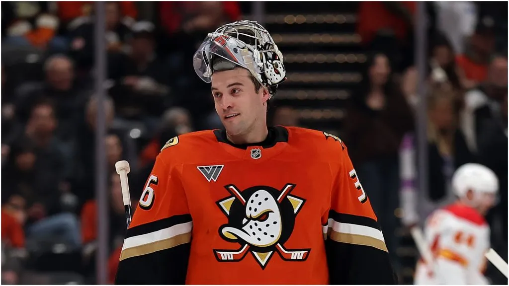 John Gibson #36 of the Anaheim Ducks looks on during the first period of a game against the Calgary Flames at Honda Center on January 07, 2025 in Anaheim, California.