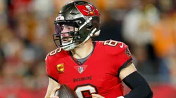 Baker Mayfield #6 of the Tampa Bay Buccaneers scrambles against the Washington Commanders.