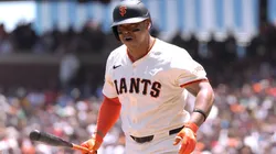 Rafael Devers #16 of the San Francisco Giants reacts after striking out against the Boston Red Sox in the bottom of the first inning at Oracle Park on June 22, 2025 in San Francisco, California.