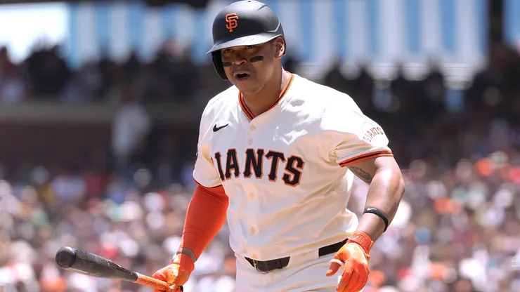 Rafael Devers #16 of the San Francisco Giants reacts after striking out against the Boston Red Sox in the bottom of the first inning at Oracle Park on June 22, 2025 in San Francisco, California.