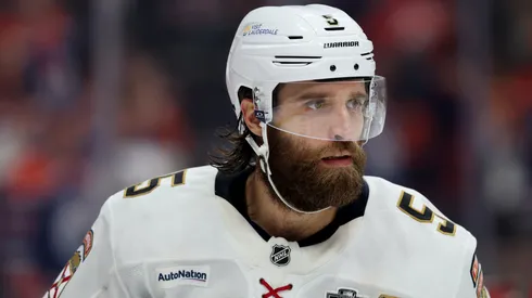 Aaron Ekblad #5 of the Florida Panthers looks on against the Edmonton Oilers during the third period in Game Two of the 2025 Stanley Cup Final.