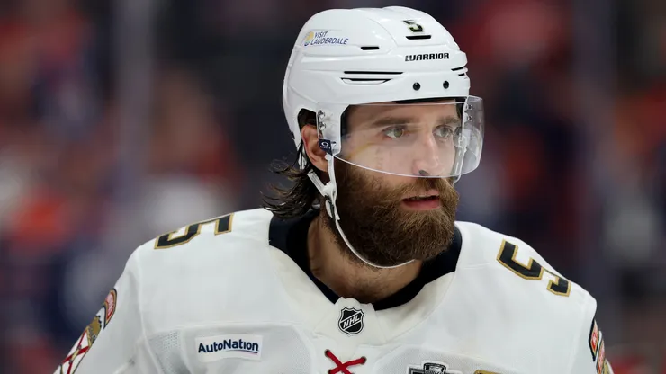 Aaron Ekblad #5 of the Florida Panthers looks on against the Edmonton Oilers during the third period in Game Two of the 2025 Stanley Cup Final.