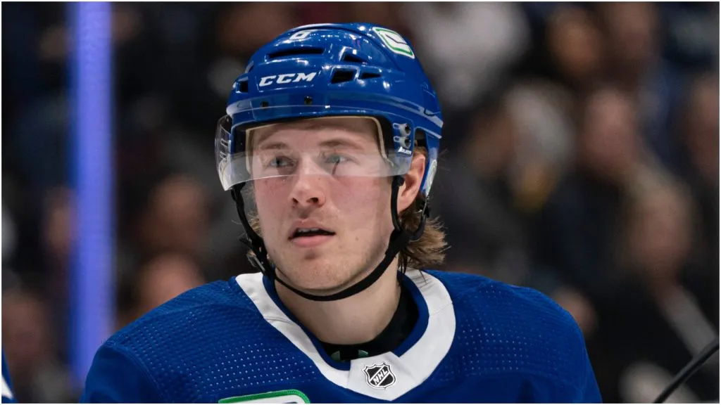 Brock Boeser #6 of the Vancouver Canucks in NHL action against the Calgary Flames at Rogers Arena on February 8, 2020 in Vancouver, Canada.