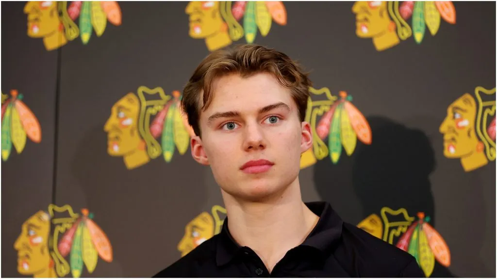 Connor Bedard of the Chicago Blackhawks looks on during a introductory press conference at Fifth Third Arena on June 30, 2023 in Chicago, Illinois.