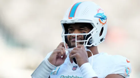 Tua Tagovailoa #1 of the Miami Dolphins looks on prior to the game against the New York Jets at MetLife Stadium on November 24, 2023 in East Rutherford, New Jersey.