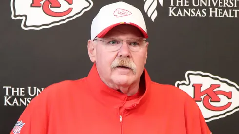 Head Coach Andy Reid of the Kansas City Chiefs speaks to the media during the press conference interviews after the Kansas City Chiefs OTAs at The University of Kansas Health System Training Complex on May 29, 2025 in Kansas City, Missouri.
