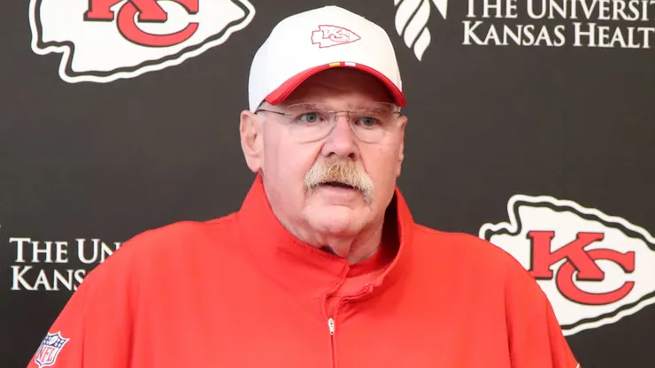 Head Coach Andy Reid of the Kansas City Chiefs speaks to the media during the press conference interviews after the Kansas City Chiefs OTAs at The University of Kansas Health System Training Complex on May 29, 2025 in Kansas City, Missouri.