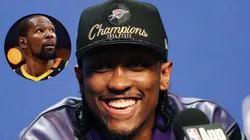 Jalen Williams #8 of the Oklahoma City Thunder looks on during the press conference after defeating the Indiana Pacers in Game Seven of the 2025 NBA Finals.