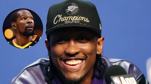 Jalen Williams #8 of the Oklahoma City Thunder looks on during the press conference after defeating the Indiana Pacers in Game Seven of the 2025 NBA Finals.