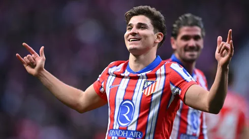 Julian Alvarez of Atletico de Madrid celebrates scoring his team's first goal.