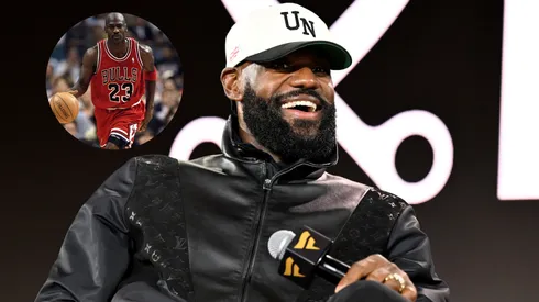 Lebron James speaks onstage during Fanatics Fest NYC and Michael Jordan in the corner.