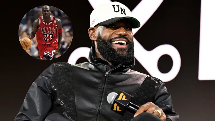 Lebron James speaks onstage during Fanatics Fest NYC and Michael Jordan in the corner.