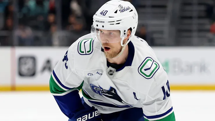 Elias Pettersson skates during a Canucks home game, as speculation swirls ahead of his no-movement clause taking effect on July 1.