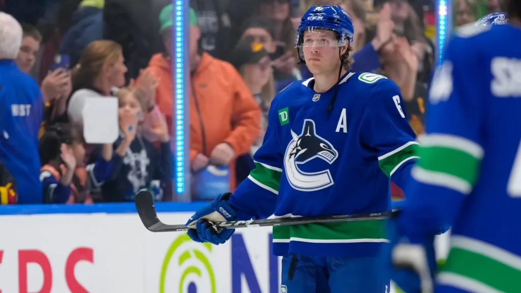 Brock Boeser #6 of the Vancouver Canucks skates during the third period of their NHL game against the Vegas Golden Knights at Rogers Arena on April 16, 2025 in Vancouver, Canada. (Photo by Derek Cain/Getty Images)