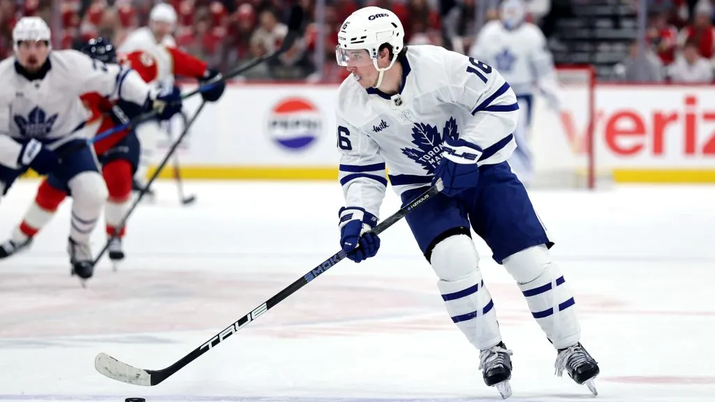 Mitch Marner #16 of the Toronto Maple Leafs skates with the puck against the Florida Panthers during the first period in Game Three of the Second Round of the 2025 Stanley Cup Playoffs at Amerant Bank Arena on May 09, 2025 in Sunrise, Florida. (Photo by Carmen Mandato/Getty Images)