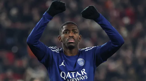 Ousmane Dembele of Paris Saint-Germain celebrates the team's fourth goal during the UEFA Champions League 2024/25 League Phase MD8 match in 2025.