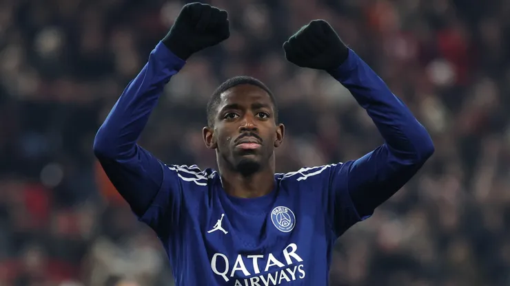 Ousmane Dembele of Paris Saint-Germain celebrates the team's fourth goal during the UEFA Champions League 2024/25 League Phase MD8 match in 2025.