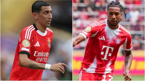 Angel Di Maria #11 of SL Benfica and Michael Olise #17 of FC Bayern München.