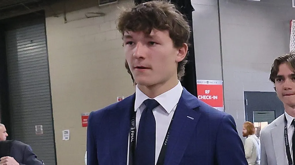 Top prospect Matthew Schaefer attends the game between the Florida Panthers and the Edmonton Oilers in Game Three of the 2025 Stanley Cup Final at Amerant Bank Arena on June 09, 2025 in Sunrise, Florida. (Photo by Bruce Bennett/Getty Images)