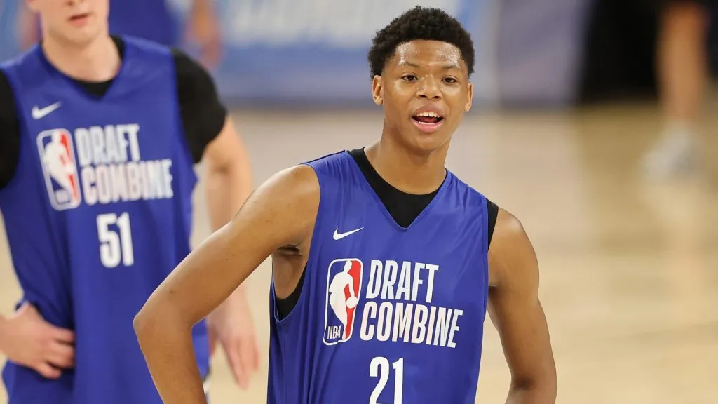 Ace Bailey #21 and Cooper Flagg #51 look on during the 2025 NBA Draft Combine at Wintrust Arena on May 13, 2025. (Source: Michael Reaves/Getty Images)