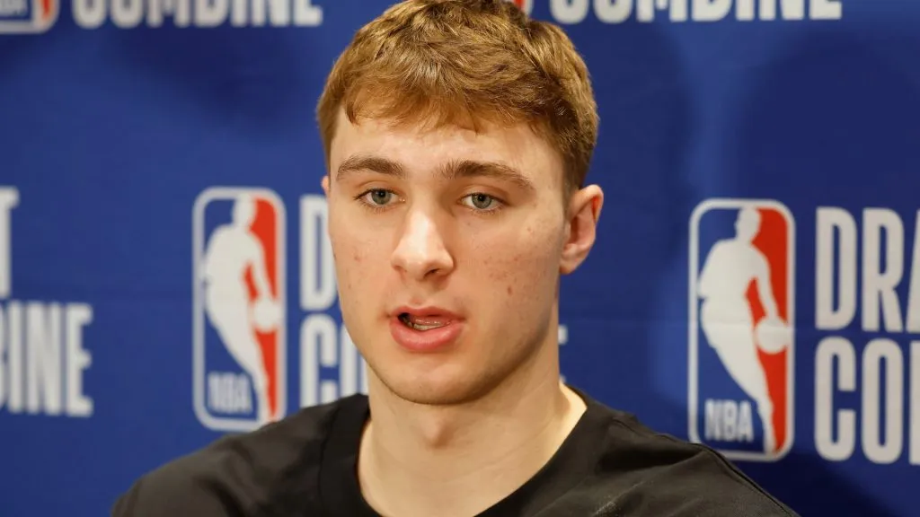Cooper Flagg answers questions from reporters during media availability at the 2025 NBA Draft Combine at Wintrust Arena on May 14, 2025. (Source: Michael Reaves/Getty Images)