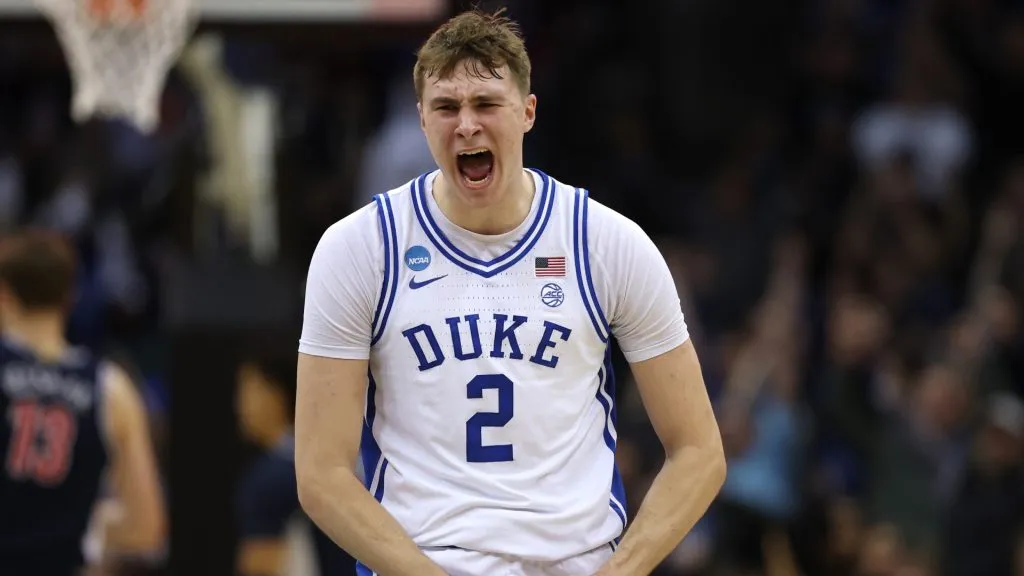 Cooper Flagg reacts after scoring a three point basket to end the first half against the Arizona Wildcats in the East Regional Sweet Sixteen round of the NCAA Men’s Basketball Tournament in 2025. (Source: Patrick Smith/Getty Images)