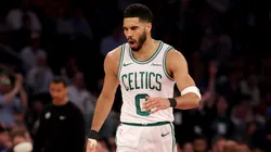 Jayson Tatum #0 of the Boston Celtics celebrates a three point shot in the first half against the New York Knicks in Game Four of the Eastern Conference Second Round NBA Playoffs at Madison Square Garden on May 12, 2025 in New York City.