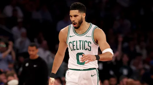 Jayson Tatum #0 of the Boston Celtics celebrates a three point shot in the first half against the New York Knicks in Game Four of the Eastern Conference Second Round NBA Playoffs at Madison Square Garden on May 12, 2025 in New York City.